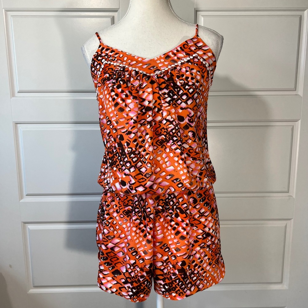 Izzi &‎ Lola Orange Abstract Print Romper with Adjustable Straps - Size M